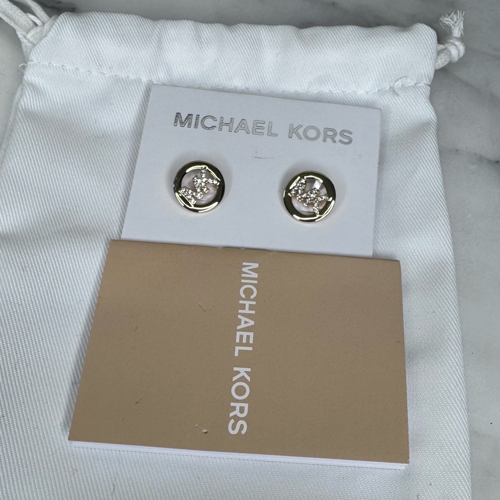 Michael Kors Gold Logo Earrings with pave zirconia MK gorgeous!